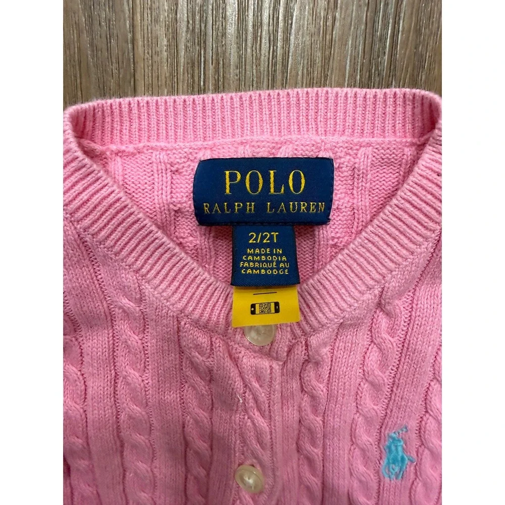 Polo Ralph Lauren Toddler Girls Pink Cable Knit Cardigan Sweater 2T Pony Logo